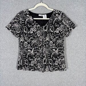 VTG 90s Crinkle Crochet Fairy Top Large Black White Paisley‎ Romantic Artsy